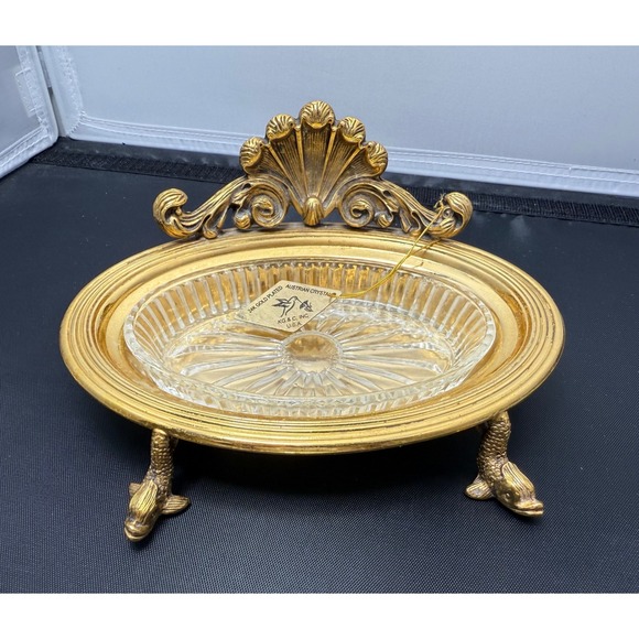 Vintage soap Dish‎ 24K Gold Plated Austrian Crystal fish Feet ashtray 6